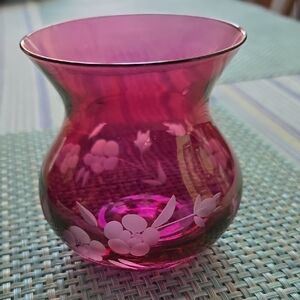 Cranberry Floral Glass Vase